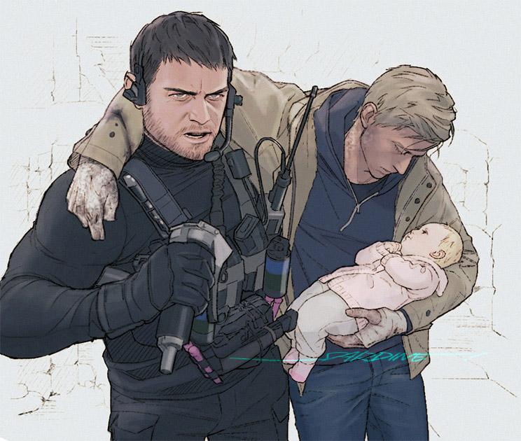 1girl, 2boys, arm_around_shoulder, artist_name, bandaged_hand, bandages, beard, black_gloves