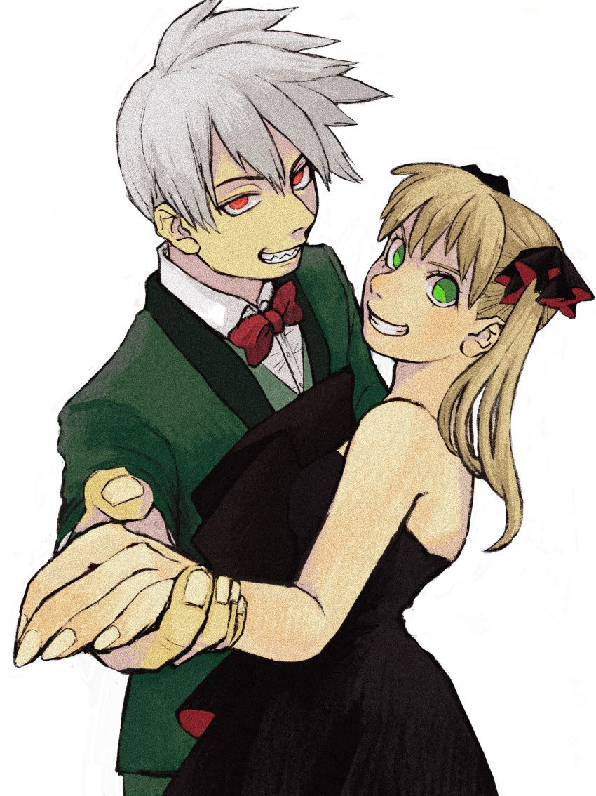 1boy, 1girl, absurdres, black_dress, blonde_hair, bow, bowtie, collared_shirt