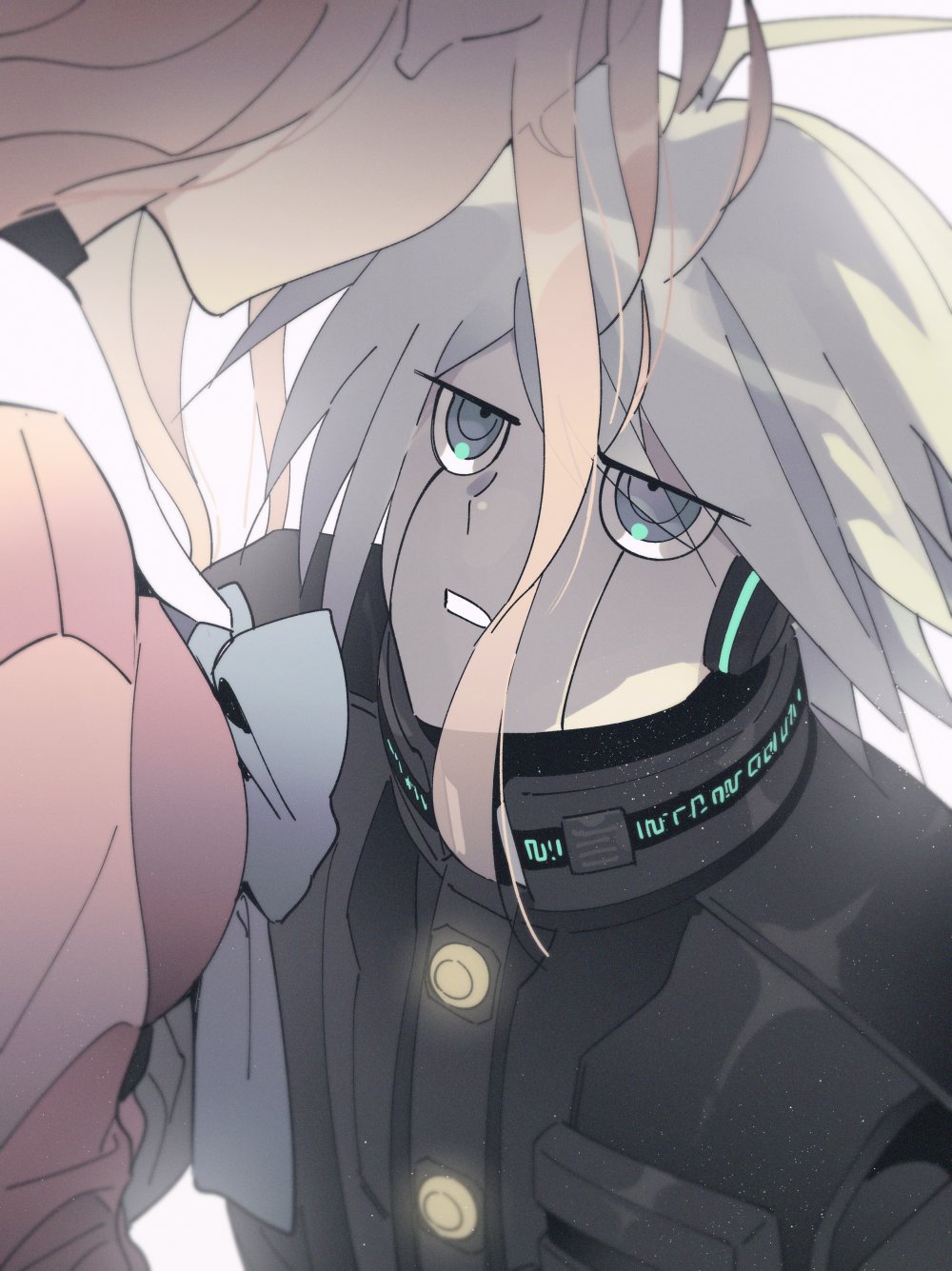 1boy, 1girl, ahoge, android, black_choker, blonde_hair, blue_bow, blue_bowtie