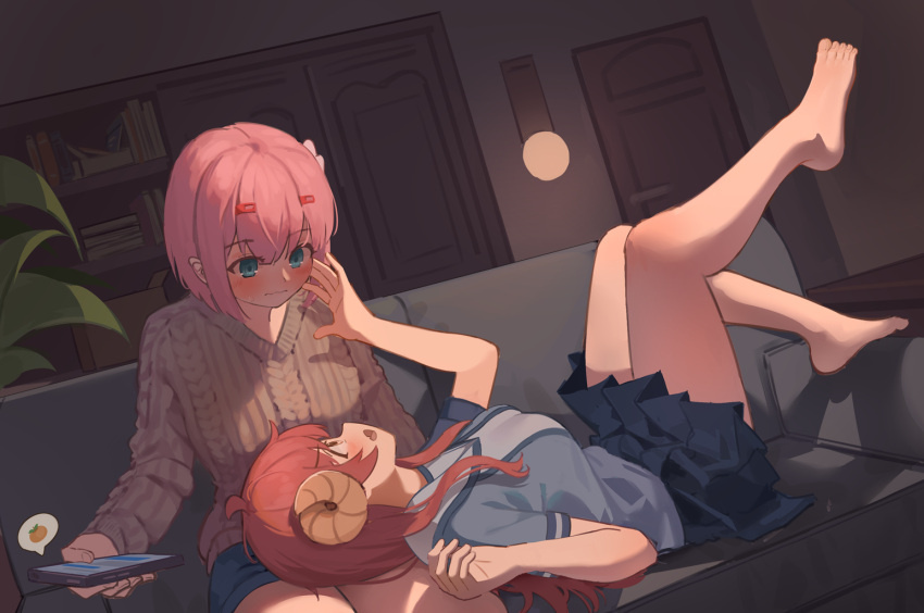 2girls, ahoge, bare_legs, barefoot, blue_shirt, blue_skirt, blush, brown_sweater