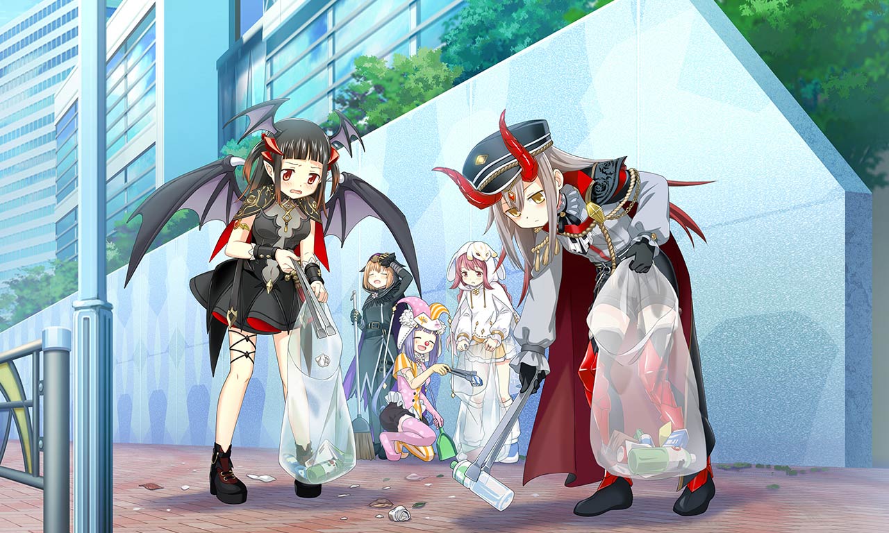 5girls, ^_^, animal_costume, animal_ear_hood, animal_ears, artist_request, asymmetrical_sleeves, bag, bat_wings, belt, belt_buckle, black_belt, black_bow, black_bowtie, black_cape, black_cloak, black_coat, black_dress, black_footwear, black_gloves, black_hair, black_pants, black_shorts, black_skirt, black_wings, black_wrist_cuffs, blue_footwear, blue_hair, blunt_bangs, boots, bottle, bow, bowtie, brown_eyes, bubble_skirt, buckle, cape, cityscape, cloak, closed_eyes, closed_mouth, clown, clown_nose, coat, collared_shirt, colored_tips, covered_navel, crumpled_paper, day, demon_horns, disgust, dot_nose, dress, elbow_gloves, empty_eyes, expressionless, fake_horns, fake_wings, floppy_ears, frilled_shirt_collar, frilled_skirt, frilled_wrist_cuffs, frills, full_body, fur-trimmed_skirt, fur_trim, furrowed_brow, game_cg, gloves, grey_hair, hair_through_hood, halloween_costume, hat, head_wings, high-waist_shorts, himuro_lavi, himuro_lavi_(halloween_costume), holding, holding_bag, holding_tongs, hood, hood_up, hooded_cloak, hoodie, horns, jester_cap, jitome, knee_pads, kneeling, knees, kureha_yuna, kureha_yuna_(vampire_ver.), lamppost, leaning_forward, light_blush, light_frown, long_hair, magia_record:_mahou_shoujo_madoka_magica_gaiden, mahou_shoujo_madoka_magica, mask, mask_on_head, miniskirt, mismatched_sleeves, mismatched_thighhighs, miura_asahi, miura_asahi_(halloween_costume), multicolored_hair, multiple_girls, multiple_wings, no_shoes, official_alternate_costume, official_art, ooba_juri, ooba_juri_(vampire_ver.), open_mouth, orange_hair, orange_hat, orange_shirt, orange_theme, orange_thighhighs, outdoors, pants, picking_up, pink_gloves, pink_hair, pink_hat, pink_shirt, pink_thighhighs, pleated_skirt, polka_dot, polka_dot_gloves, polka_dot_headwear, polka_dot_shirt, polka_dot_thighhighs, rabbit_costume, rabbit_ears, rabbit_mask, railing, red_cape, red_eyes, red_horns, red_nose, redhead, see-through_clothes, see-through_shirt, shadow, shirt, shoes, short_dress, short_sleeves, shorts, sidewalk, single_elbow_glove, skirt, smile, socks, striped_clothes, striped_headwear, striped_thighhighs, thigh-highs, thigh_boots, thigh_strap, tongs, torn_clothes, torn_coat, trash, trash_bag, tree, two-sided_cape, two-sided_fabric, two-tone_headwear, two-tone_shirt, two_side_up, vertical-striped_clothes, vertical-striped_headwear, vertical-striped_sleeves, vertical-striped_thighhighs, water_bottle, wavy_mouth, white_cloak, white_hoodie, white_mask, white_shirt, white_socks, wings, wiping_sweat, wrist_cuffs, yellow_skirt, yume_urara, yume_urara_(halloween_costume)