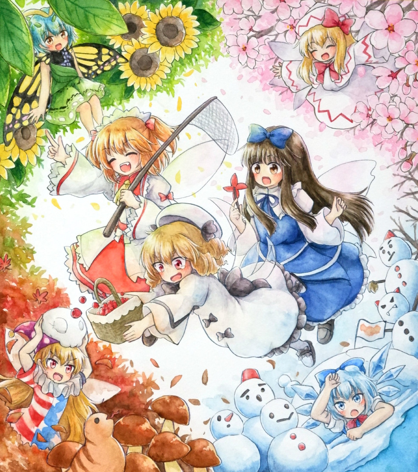 6+girls, :d, american_flag_dress, antennae, ascot, autumn_leaves, bare_arms, barefoot
