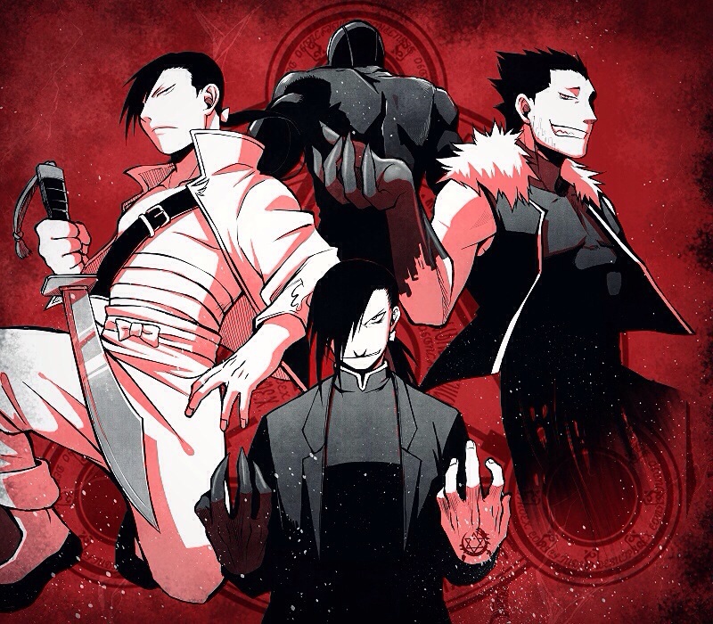 4boys, bandaged_torso, black_coat, black_hair, claws, clenched_teeth, coat, evil_grin