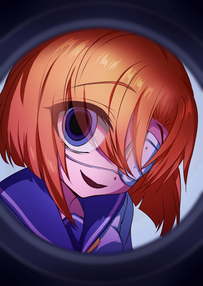 1girl, absurdres, blue_eyes, blue_sailor_collar, eyepatch, fisheye, gushagusha5, highres, higurashi_no_naku_koro_ni, looking_at_viewer, medical_eyepatch, monitoring_(vocaloid), neckerchief, open_mouth, orange_hair, pov_peephole, ryuuguu_rena, sailor_collar, school_uniform, serafuku, shirt, short_hair, solo, white_serafuku, white_shirt, yellow_neckerchief