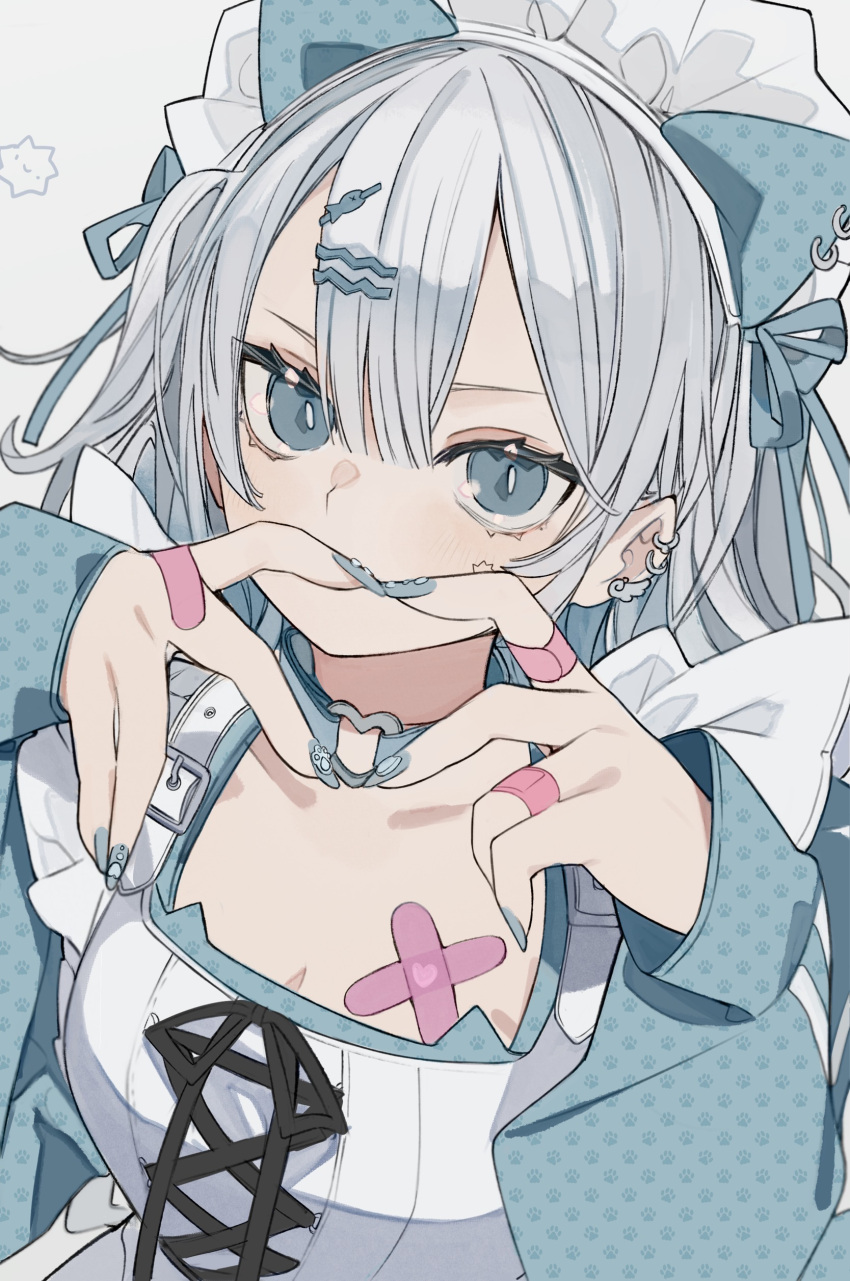 1girl, 4-finger_heart_hands, absurdres, aqua_eyes, aqua_nails, bandaid, bandaid_on_chest, bandaid_on_hand