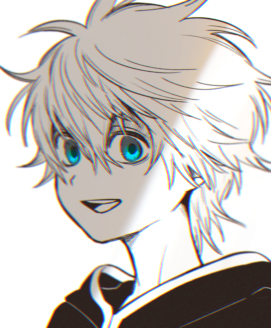1boy, black_clover, blue_eyes, chromatic_aberration, empty_eyes, hood, hood_down, luck_voltia