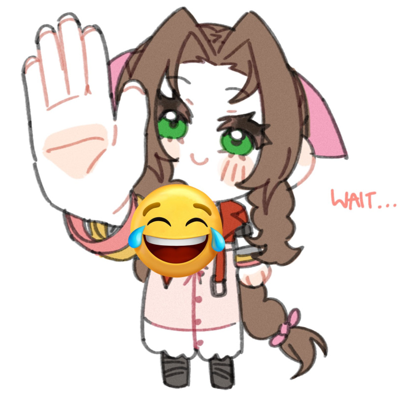 1girl, aerith_gainsborough, arm_at_side, blush, brown_hair, bubtea, chibi, emoji, english_text, final_fantasy, final_fantasy_vii, final_fantasy_vii_remake, green_eyes, highres, joy_emoji, looking_at_viewer, meme, outstretched_hand, simple_background, smile, solo, wait_they_dont_love_you_like_i_love_you_(meme), white_background