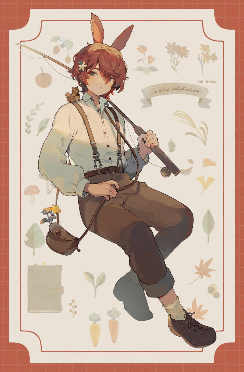 1boy, absurdres, animal_on_shoulder, apple, artist_name, autumn_leaves, bag, belt, bishounen, book, border, borrowed_character, brown_bag, brown_belt, brown_footwear, brown_hair, brown_pants, buttons, capri_pants, carrot, collared_shirt, commission, commissioner_name, fishing_rod, floral_background, flower, food, foot_dangle, fruit, full_body, ginkgo_leaf, hair_flower, hair_ornament, highres, holding, holding_fishing_rod, inset_border, invisible_chair, leaf, long_sleeves, looking_to_the_side, male_focus, mushroom, original, ornate_border, over_shoulder, pants, parted_lips, rabbit_boy, ribbed_socks, second-party_source, shirt, shoes, short_hair, shoulder_bag, sitting, socks, solo, squirrel, strawberry, surround_sara_udon, suspenders, three_quarter_view, white_flower, white_shirt, white_socks, wing_collar