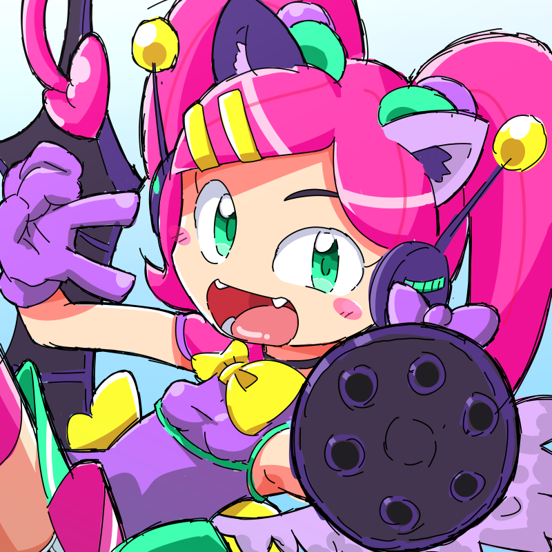 1girl, aiming, aiming_at_viewer, animal_ears, cat_ears, cat_girl_without_salad, gloves, green_eyes, holding, holding_weapon, kebako, long_hair, looking_at_viewer, open_mouth, purple_gloves, robita, smile, solo, tagme, twintails, v, weapon