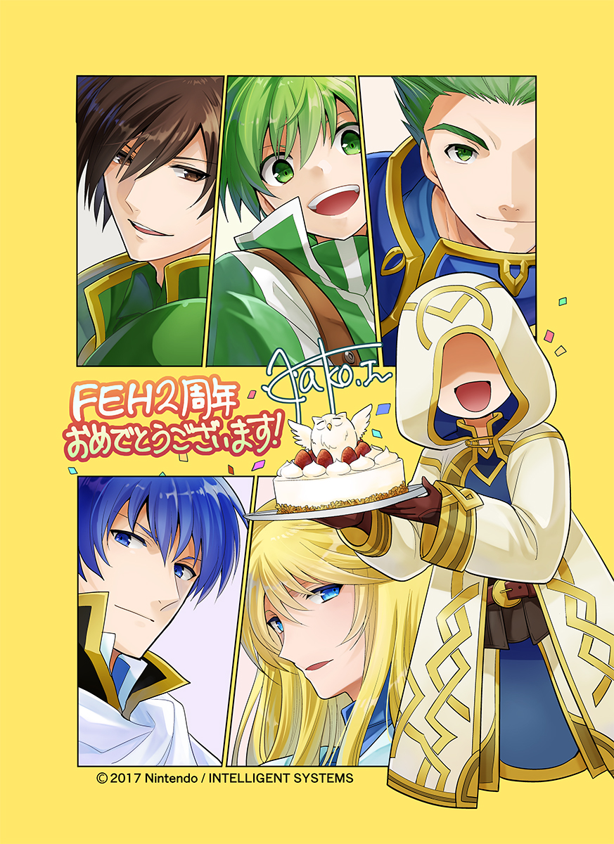 1other, 5boys, anniversary, blonde_hair, blue_eyes, blue_hair, brown_eyes, brown_hair, cake, company_name, draug_(fire_emblem), finn_(fire_emblem), fire_emblem, fire_emblem:_mystery_of_the_emblem, fire_emblem:_new_mystery_of_the_emblem, fire_emblem:_the_blazing_blade, fire_emblem:_thracia_776, fire_emblem_heroes, food, gordin_(fire_emblem), green_eyes, green_hair, highres, holding, holding_cake, holding_food, hood, hooded_coat, itagaki_hako, kiran_(fire_emblem), long_hair, lucius_(fire_emblem), multiple_boys, official_art, roderick_(fire_emblem), short_hair, smile, translation_request