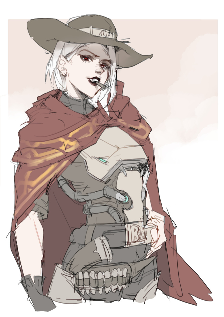 1girl, 8lmcasv8, absurdres, ashe_(overwatch), belt, black_lips, body_armor, cassidy_(overwatch)