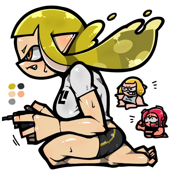 3girls, bare_legs, barefoot, bike_shorts, black_shorts, blonde_hair, clenched_teeth, color_guide