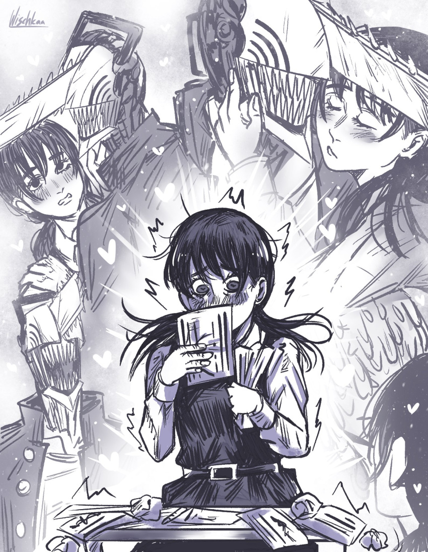 1boy, 1girl, blush, chainsaw, chainsaw_man, commentary, denji_(chainsaw_man), english_commentary