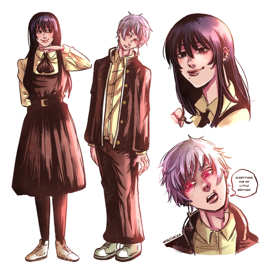 1boy, 1girl, arm_behind_back, black_dress, black_eyes, black_hair, chainsaw_man, commentary