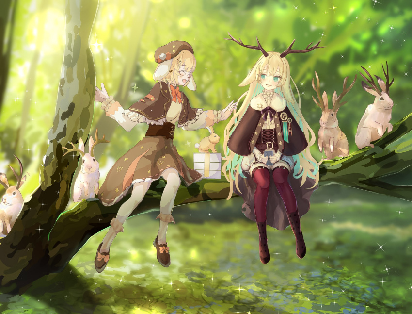 2girls, animal_ears, antlers, beret, blonde_hair, blue_eyes, blue_hair, blush