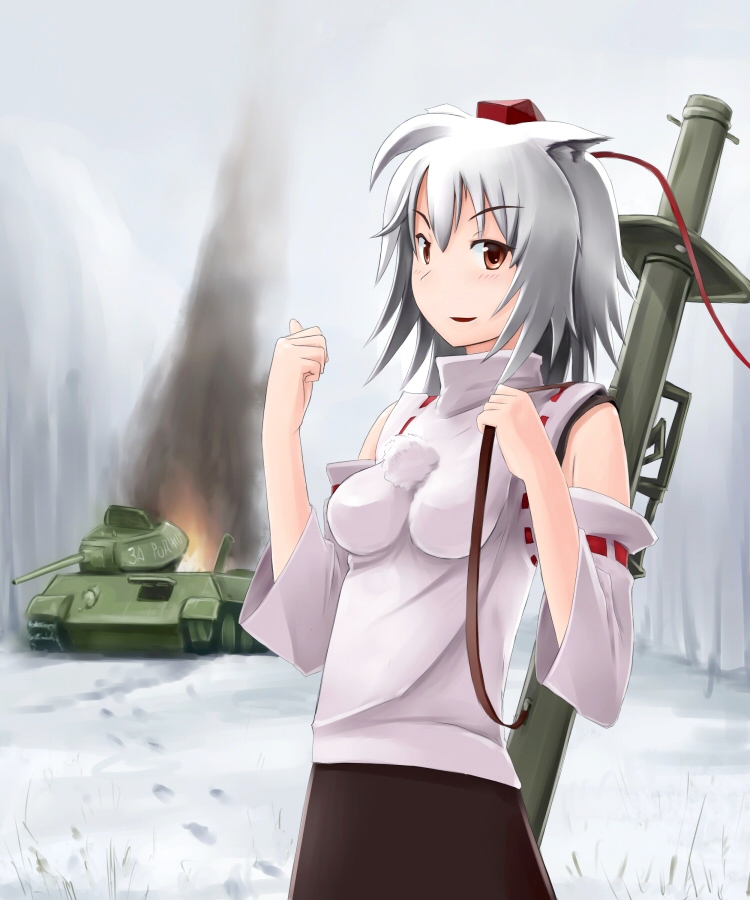 bazooka, detached_sleeves, hat, impossible_clothes, impossible_clothing, impossible_shirt, inubashiri_momiji, kcme