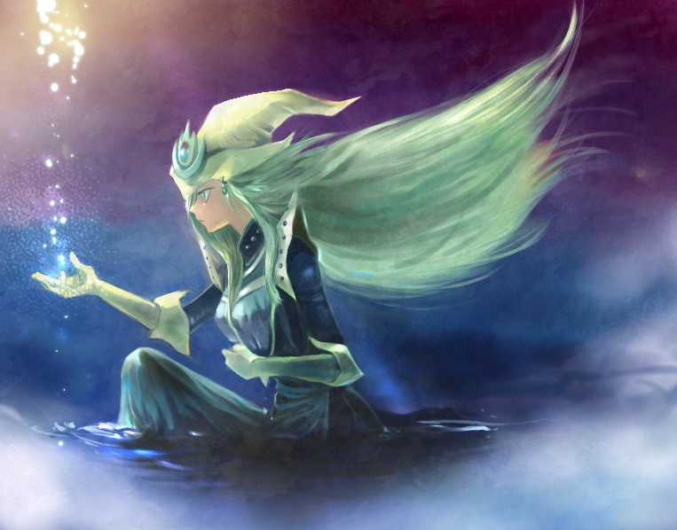 1girl, blue_dress, dress, duel_monster, from_side, gloves, grey_hair, hase_(nafela), hat, in_water, kneeling, long_hair, ripples, silent_magician, water, white_gloves, white_hat, wizard_hat, yu-gi-oh!