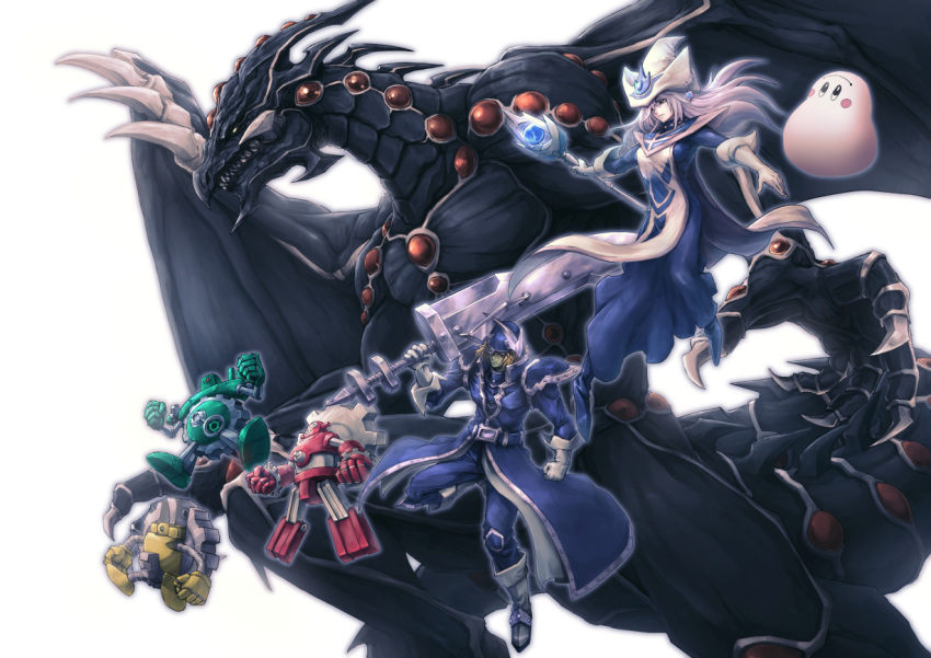 1boy, 1girl, armor, blue_dress, blue_pants, claws, deadspike_nine, dragon, dress, duel_monster, fake_horns, gandora_the_dragon_of_destruction, gloves, green_gadget, grey_hair, hat, helmet, holding, holding_staff, horned_helmet, horns, long_hair, marshmallon, pants, red_gadget, shoulder_armor, silent_magician, silent_swordsman, staff, tabard, white_gloves, white_hat, white_tabard, wizard_hat, yellow_gadget, yu-gi-oh!