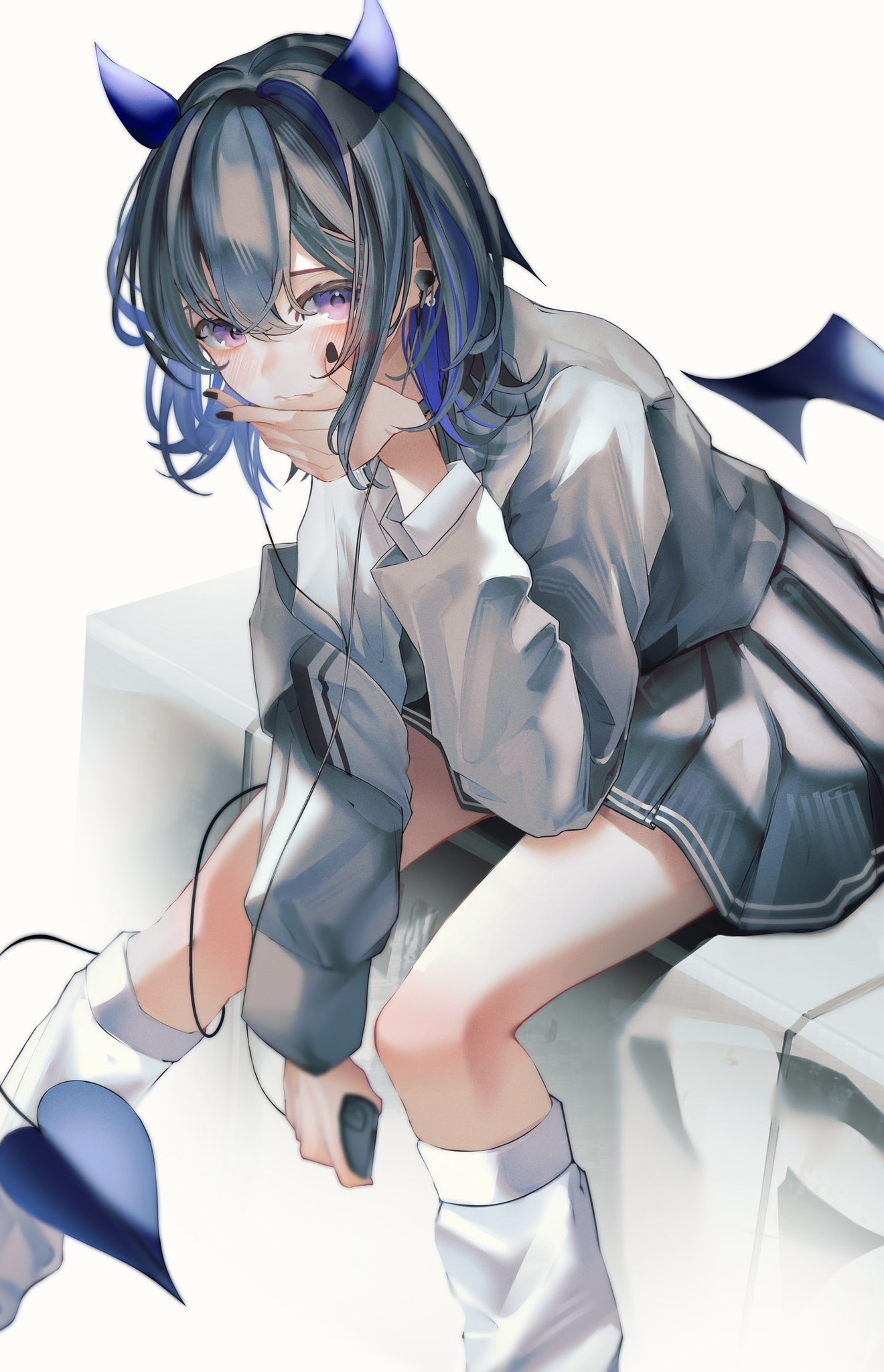 1girl, black_choker, black_hair, black_nails, black_skirt, blush, bowing, cardigan, cardigan_partially_removed, choker, collared_shirt, commentary_request, demon_girl, demon_horns, demon_tail, demon_wings, double-parted_bangs, dress_shirt, earphones, earphones, earrings, feet_out_of_frame, grey_cardigan, hand_on_own_cheek, hand_on_own_face, highres, holding, holding_phone, horns, ichinose_uruha, ichinose_uruha_(6th_costume), jewelry, leg_warmers, looking_at_viewer, loose_socks, medium_hair, minto_(minto_rururu), multicolored_hair, nail_polish, open_cardigan, open_clothes, phone, pleated_skirt, school_uniform, shirt, sitting, skirt, socks, solo, streaked_hair, tail, two-tone_hair, violet_eyes, virtual_youtuber, vspo!, white_background, white_leg_warmers, white_shirt, wings