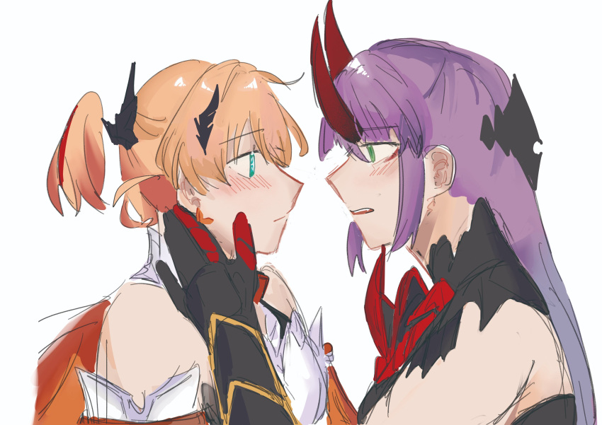 2girls, absurdres, aqua_eyes, black_dress, black_gloves, black_horns, blush, cerise_bouquet, closed_mouth, commentary_request, cosplay, demon_girl, demon_horns, detached_hair, dress, eye_contact, gloves, green_eyes, hand_on_another's_cheek, hand_on_another's_face, highres, hinoshita_kaho, honkai_(series), honkai_impact_3rd, horns, indonesian_commentary, kepitingtiga, kiana_kaslana, kiana_kaslana_(cosplay), kiana_kaslana_(herrscher_of_flamescion), link!_like!_love_live!, long_hair, looking_at_another, love_live!, medium_hair, multiple_girls, open_mouth, orange_hair, otomune_kozue, profile, purple_hair, raiden_mei, raiden_mei_(cosplay), raiden_mei_(herrscher_of_thunder), red_horns, sidelocks, simple_background, sleeveless, sleeveless_dress, two_side_up, upper_body, virtual_youtuber, white_background, white_dress, yuri
