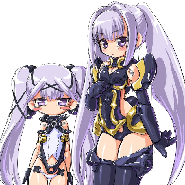 baby_razz, breasts, busou_shinki, dd_(artist), doll_joints, flat_chest, mecha_musume, multiple_girls, purple_eyes, purple_hair, sharatang, thighhighs, twintails, violet_eyes