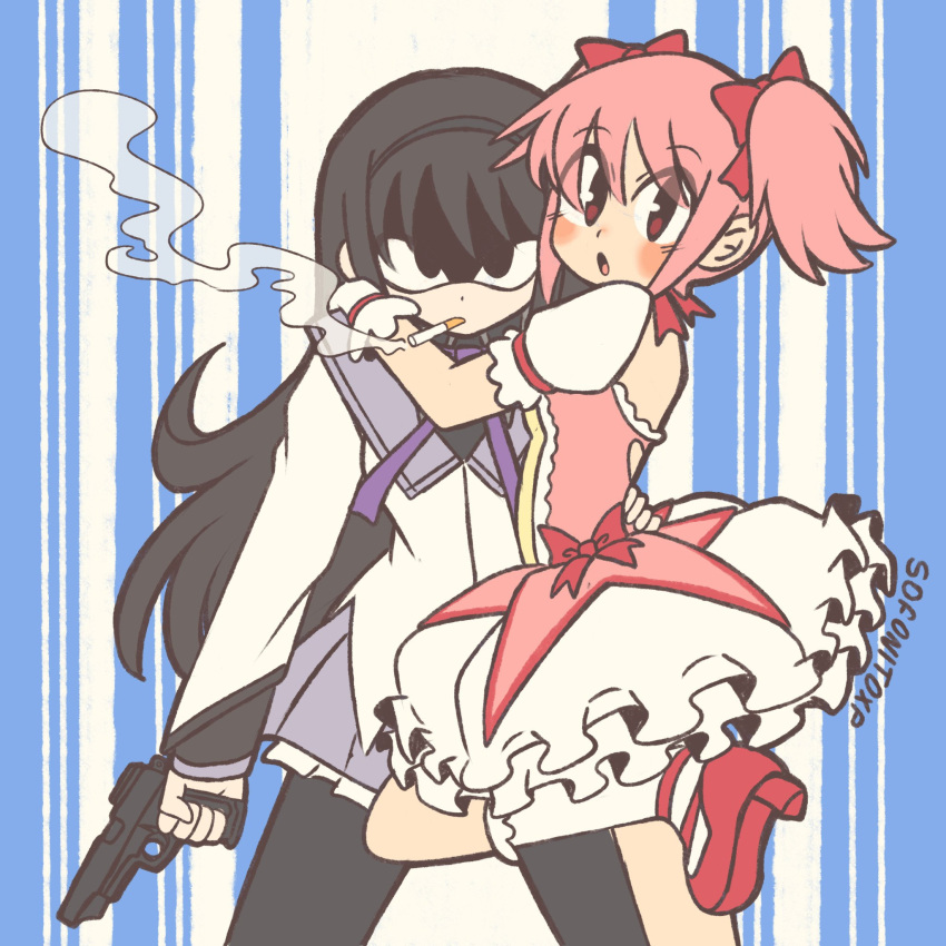 2girls, :o, akemi_homura, akemi_homura_(magical_girl), artist_name, black_eyes, black_hair, blush