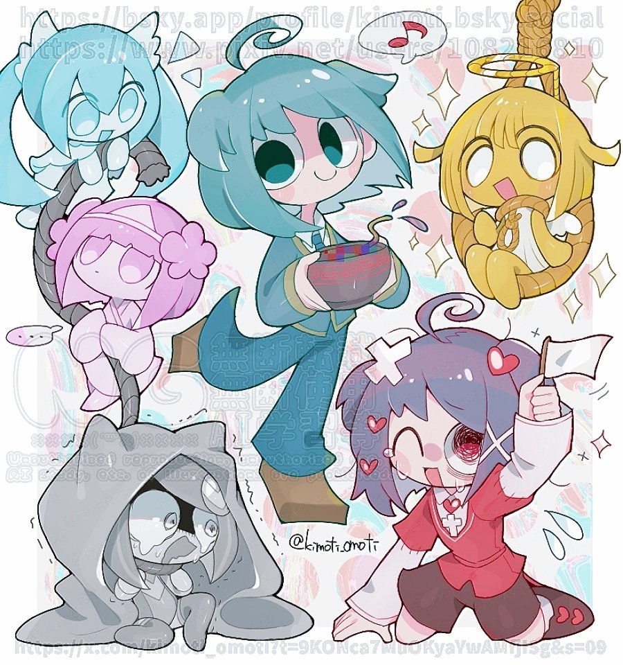 2boys, 4girls, ;d, ahoge, angel, aqua_eyes, aqua_hair, artist_name