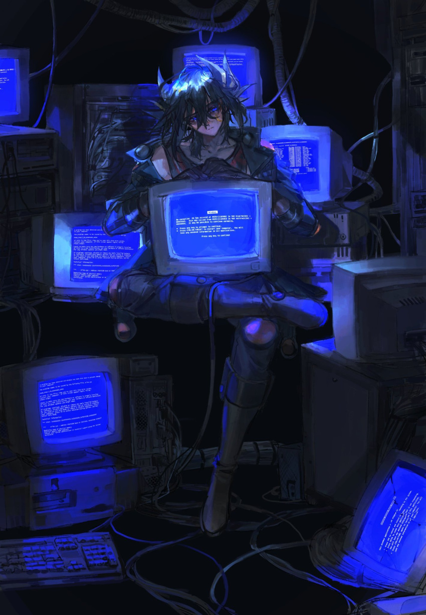 bad_link, black_background, black_hair, black_shirt, blue_eyes, blue_jacket, blue_screen_of_death, brown_footwear, brown_gloves, cable, computer_keyboard, computer_mouse, crossed_legs, denim, elbow_gloves, elbow_pads, facing_viewer, fudo_yusei, gloves, head_tilt, highres, holding_monitor, indoors, jacket, jeans, knee_pads, looking_at_viewer, machinery, male_focus, mokopuru, monitor, motherboard, on_chair, open_clothes, open_jacket, own_hands_together, pants, popped_collar, shirt, shoulder_pads, sleeveless, sleeveless_shirt, smile, source_request, spiky_hair, wire, yu-gi-oh!, yu-gi-oh!_5d's