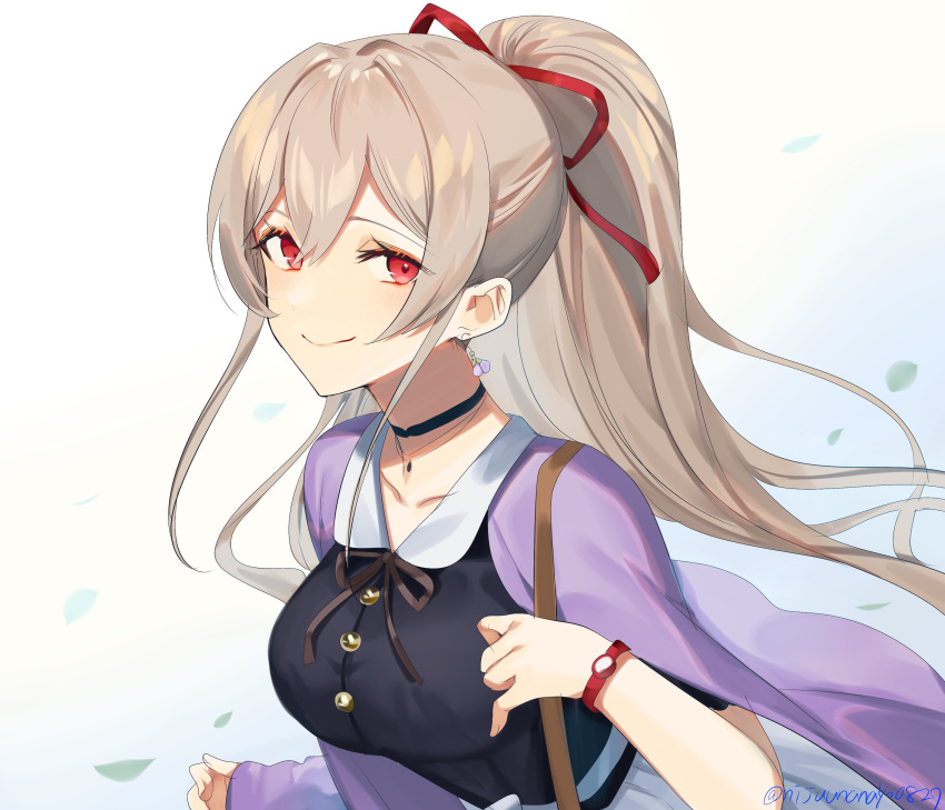 1girl, absurdres, black_ribbon, black_shirt, breasts, brown_hair, closed_mouth, collarbone