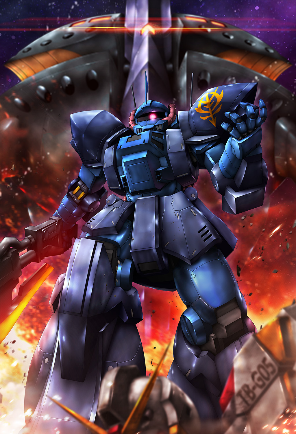 act_zaku, braw_bro, cable, character_request, commentary_request, glowing, glowing_eye, gundam, heat_hawk, highres, lens_flare, machinery, mecha, mecha_focus, mobile_armor, mobile_suit, no_humans, one-eyed, realistic, robot, roundel, science_fiction, v-fin, wreckage, zb_(dawn-blue), zeon