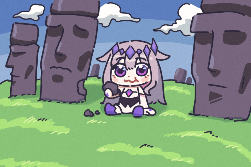 bing_huyue, blush_stickers, chibi, clouds, crystal, dress, easter_island, eating