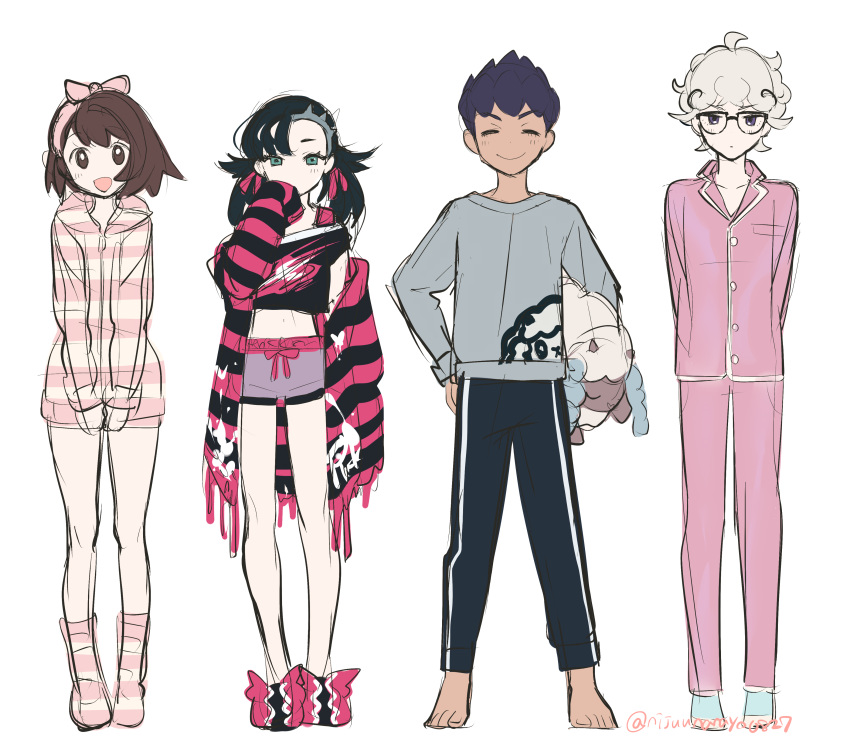 2boys, 2girls, :d, absurdres, asymmetrical_hair, barefoot, bede_(pokemon), black_hair