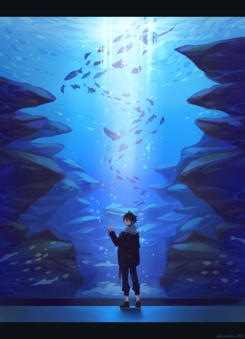 1boy, absurdres, ahoge, animal, aquarium, black_footwear, black_hair, black_jacket