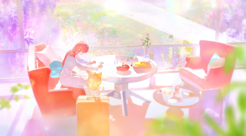 1girl, animal, armchair, artist_request, balcony, beret, book, capelet, cat, chair, closed_eyes, closed_mouth, clothed_animal, cup, disposable_cup, drawing_(action), dress, drinking_straw, ear_covers, field, flower, frilled_dress, frills, full_body, hands_on_table, hat, holding, holding_pencil, hood, hood_up, hooded_capelet, lavender_(flower), light_rays, long_dress, long_hair, long_sleeves, miracle_nikki, momo_(nikki), moringmark, nikki_(nikki), nikki_(series), official_art, on_chair, outdoors, paper, pencil, pillow, pink_flower, pink_hair, plate, plate_stack, purple_flower, red_hat, second-party_source, shadow, sitting, smile, straight_hair, suitcase, sunlight, table, unworn_hat, unworn_headwear, vase, very_long_hair, white_cat, white_dress, yellow_capelet