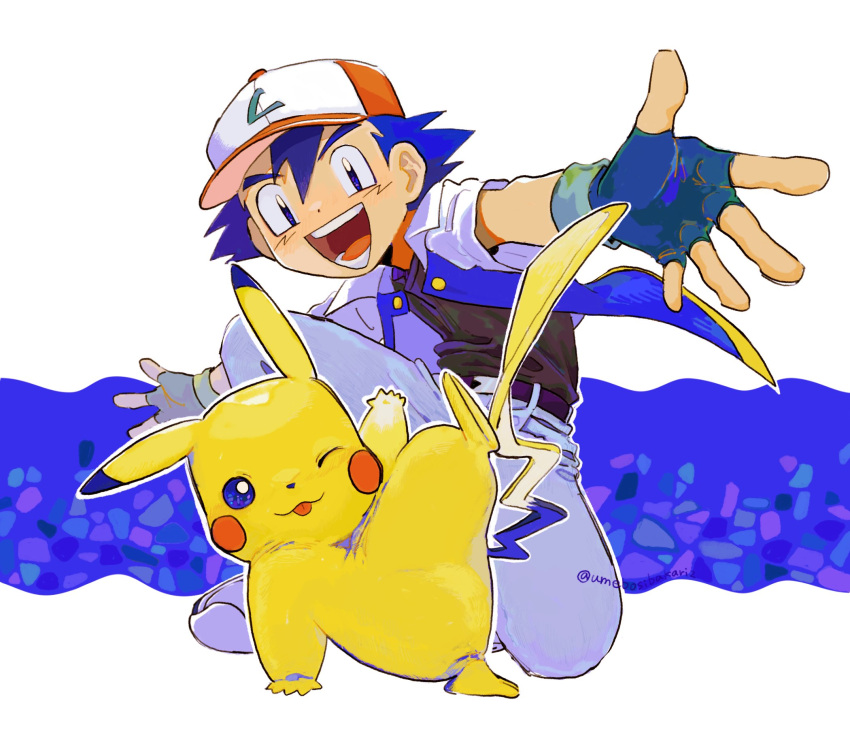 1boy, ash_ketchum, belt, black_shirt, blue_eyes, commentary, facial_mark, fingerless_gloves