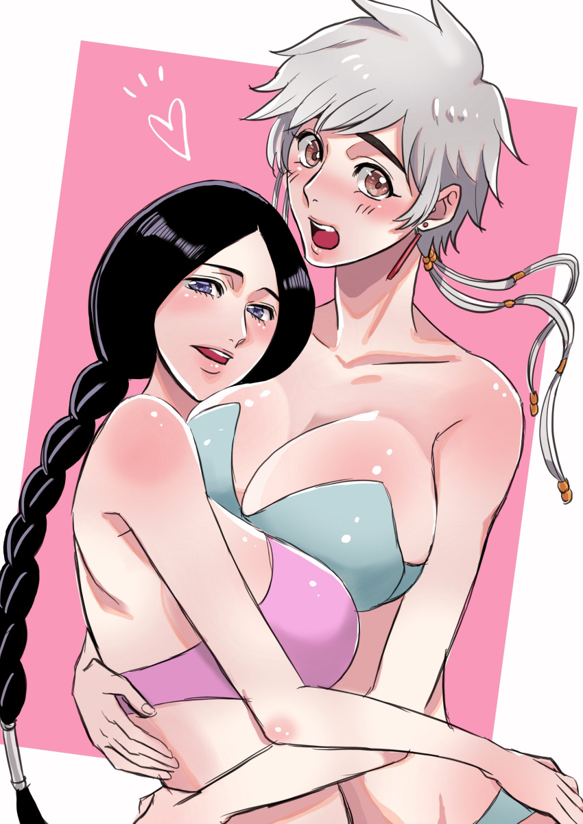 2girls, absurdres, anno_im, bare_shoulders, black_hair, bleach, breasts, collarbone, highres, large_breasts, long_hair, looking_at_viewer, multiple_girls, short_hair, unohana_retsu, white_hair