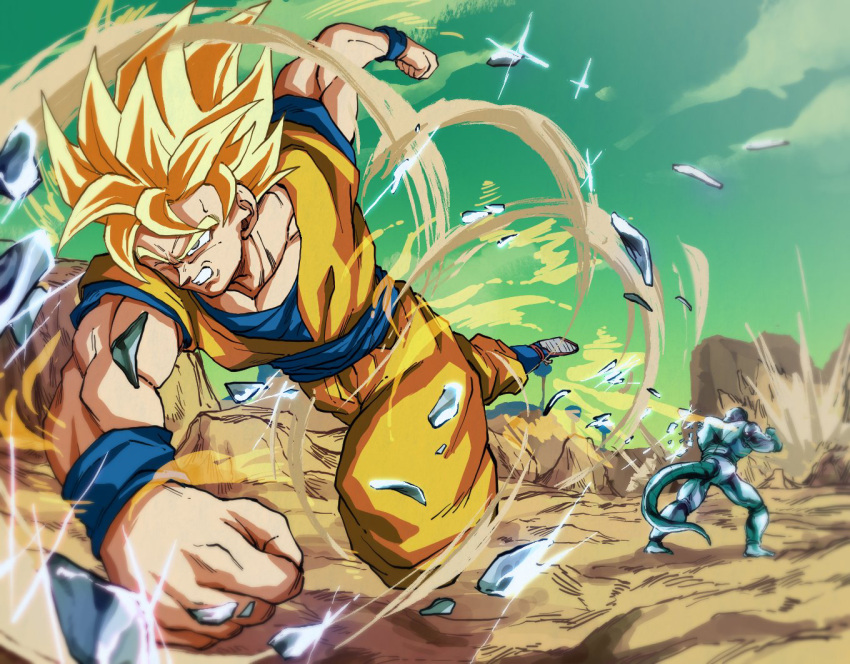 2boys, battle, blonde_hair, blurry, clenched_hands, clenched_teeth, commentary_request, depth_of_field