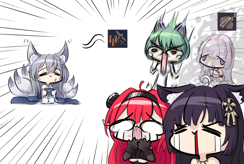 5girls, absurdres, admiral_nakhimov_(azur_lane), animal_ear_fluff, animal_ears, azur_lane, black_gloves, black_hairband, black_horns, blue_kimono, breasts, chibi, chibi_only, commentary_request, controller, crying, crying_with_eyes_open, fake_animal_ears, fox_ears, fox_girl, gjacky, gloves, green_hair, grey_hair, hairband, highres, hindenburg_(azur_lane), holding, holding_controller, horns, japanese_clothes, kimono, kitsune, kyuubi, large_tail, multiple_girls, multiple_tails, musashi_(azur_lane), plymouth_(azur_lane), purple_hair, redhead, scared, shinano_(azur_lane), smoke, tail, tears, thigh-highs, violet_eyes, white_tail, white_thighhighs, world_of_warships