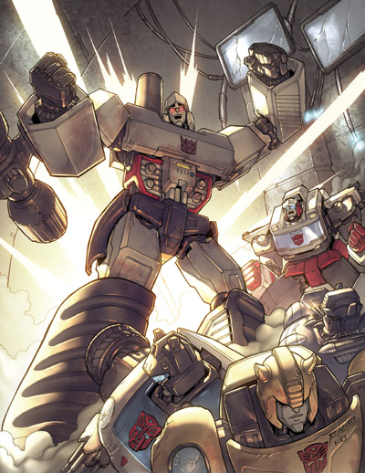 artist_collaboration, assault_visor, autobot, blue_eyes, bumblebee_(transformers), cable, character_request, decepticon, frown, horns, jazz_(transformers), kieran_oats, mecha, mecha_focus, megatron, no_humans, official_alternate_costume, official_art, open_mouth, ratchet_(transformers), red_eyes, rex-203, robot, smile, smoke, the_transformers_(idw), transformers