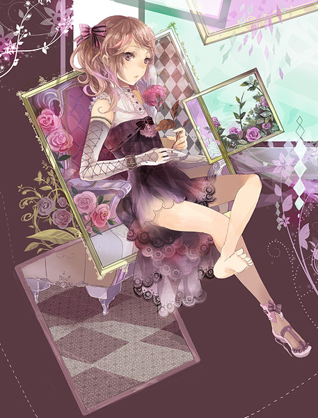 checkered, dress, elbow_gloves, flower, gloves, high_heels, original, shoes