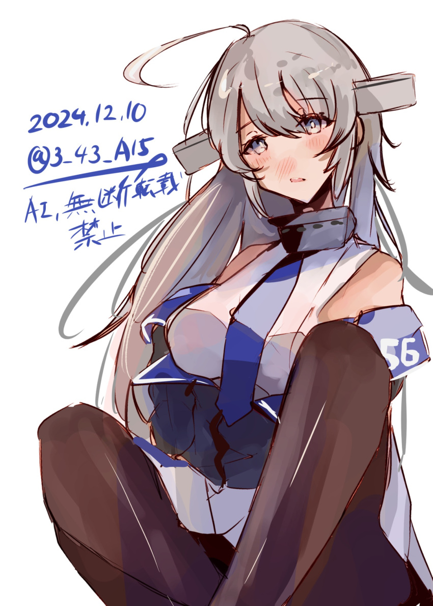 1girl, blue_necktie, blush, breasts, brown_thighhighs, grey_eyes, grey_hair, highres, kantai_collection, large_breasts, long_hair, looking_at_viewer, necktie, sideboob, signature, solo, thigh-highs, wan_(3_43_a15), washington_(kancolle)