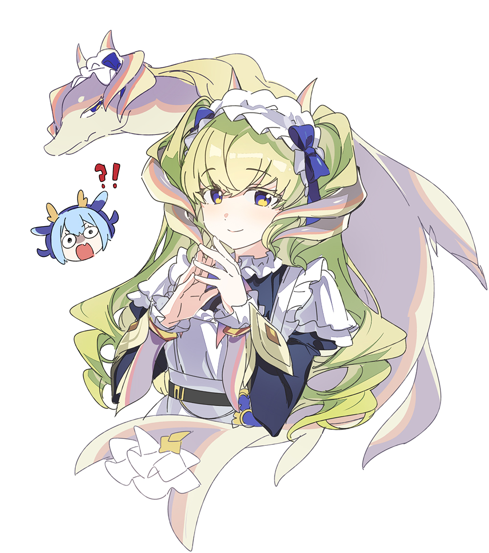 !?, 2girls, 3_ma_me, animalization, apron, blue_hair, closed_mouth, double-parted_bangs