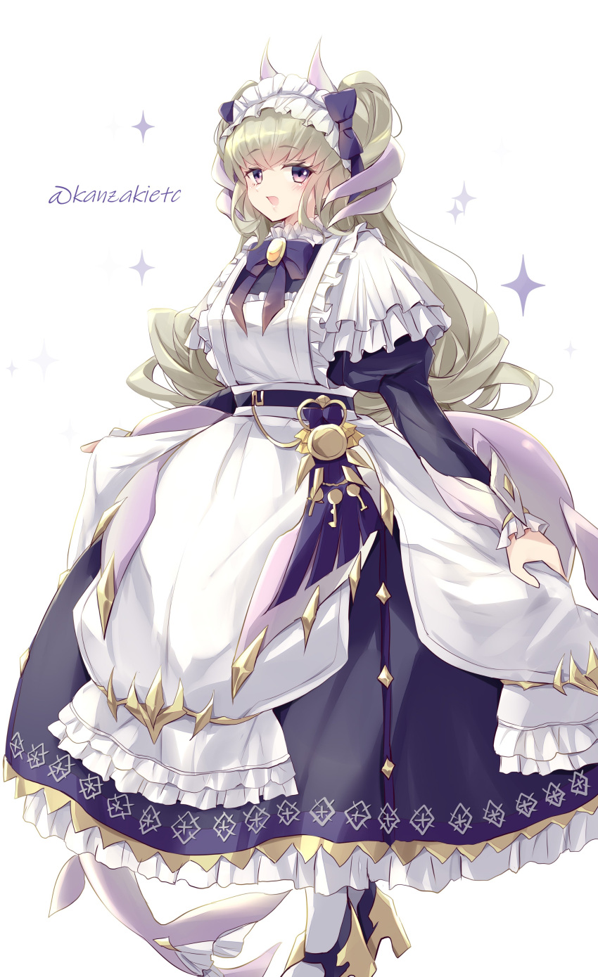 1girl, absurdres, apron, artist_name, dragon_horns, dress, frilled_dress, frills