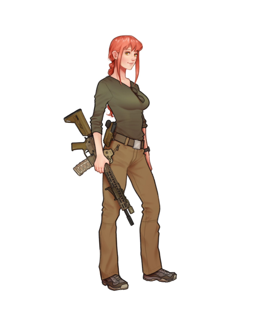 1girl, angled_foregrip, ar-15, assault_rifle, belt, belt_buckle, braid, braided_ponytail