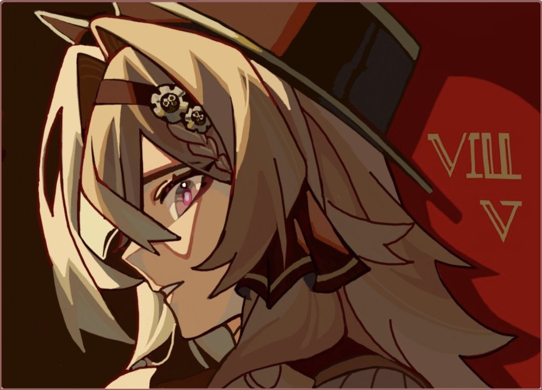 1girl, braid, brown_hair, brown_hairband, brown_hat, character_name, commentary, english_commentary, from_side, gear_hair_ornament, grey_hair, hair_intakes, hairband, hat, honkai_(series), honkai_impact_3rd, parted_lips, pink_pupils, profile, red_background, second-party_source, solo, strawpage_(medium), tongjimonci, top_hat, vill-v