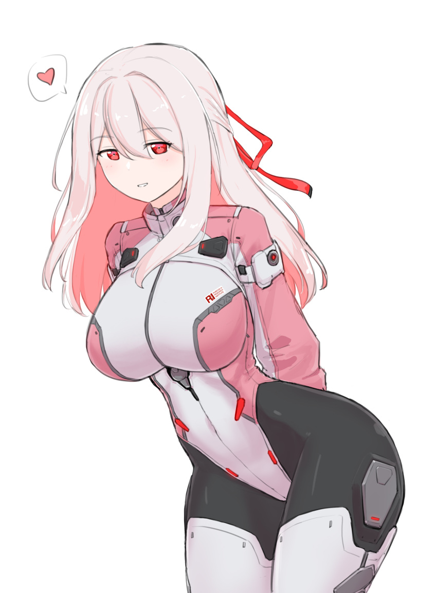 1girl, absurdres, armored_core, armored_core_vi:_fires_of_rubicon, arms_behind_back, ayre_(armored_core_6), bodysuit, breasts, colored_inner_hair, heart, highleg, highres, large_breasts, leaning_forward, long_hair, looking_at_viewer, maxilax, multicolored_bodysuit, multicolored_clothes, multicolored_hair, parted_lips, pink_hair, red_eyes, shrug_(clothing), simple_background, smile, solo, spoken_heart, white_background, white_hair