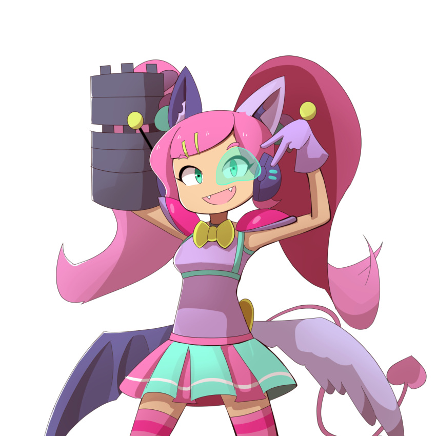 1girl, animal_ears, bow, cat_ears, cat_girl_without_salad, gloves, green_eyes, highres, holding, holding_weapon, kebako, long_hair, looking_at_viewer, open_mouth, purple_gloves, skirt, smile, solo, tail, twintails, weapon, y2yes2