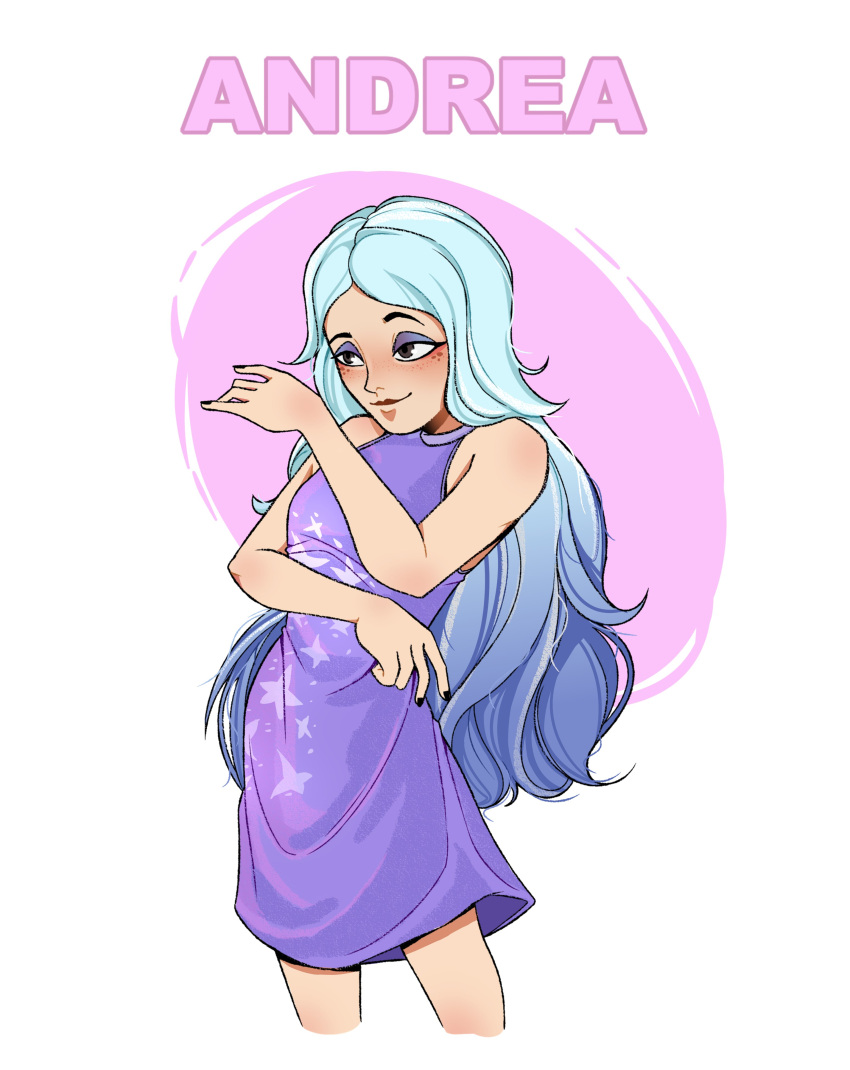 1girl, absurdres, alternate_costume, andrea_davenport, artsnaoto, blue_hair, brown_eyes, character_name, dress, freckles, highres, light_blue_hair, long_hair, multicolored_hair, purple_dress, sleeveless, sleeveless_dress, solo, streaked_hair, tagme, the_ghost_and_molly_mcgee, upper_body