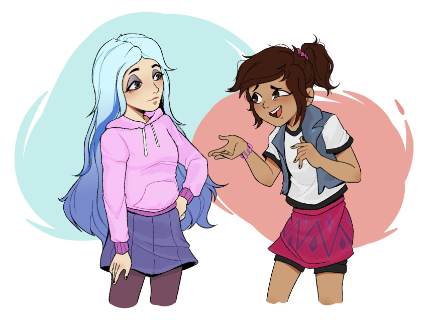 2girls, absurdres, andrea_davenport, artsnaoto, blue_hair, brown_eyes, brown_hair, freckles