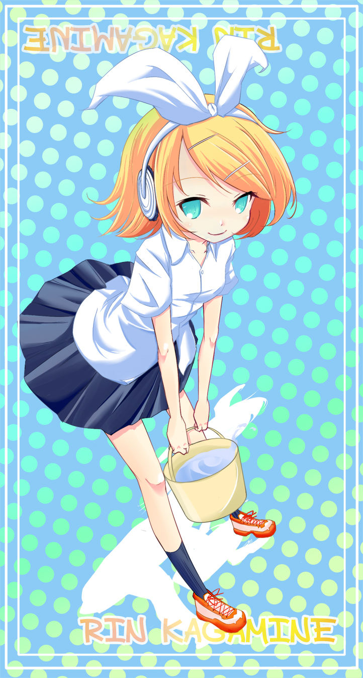 aqua_eyes, blonde_hair, bucket, bucket_of_water, earmuffs, hair_ornament, hair_ribbon, hairclip, headphones, highres, kagamine_rin, mitsugushi_yuu, polka_dot, ribbon, short_hair, skirt, smile, solo, vocaloid